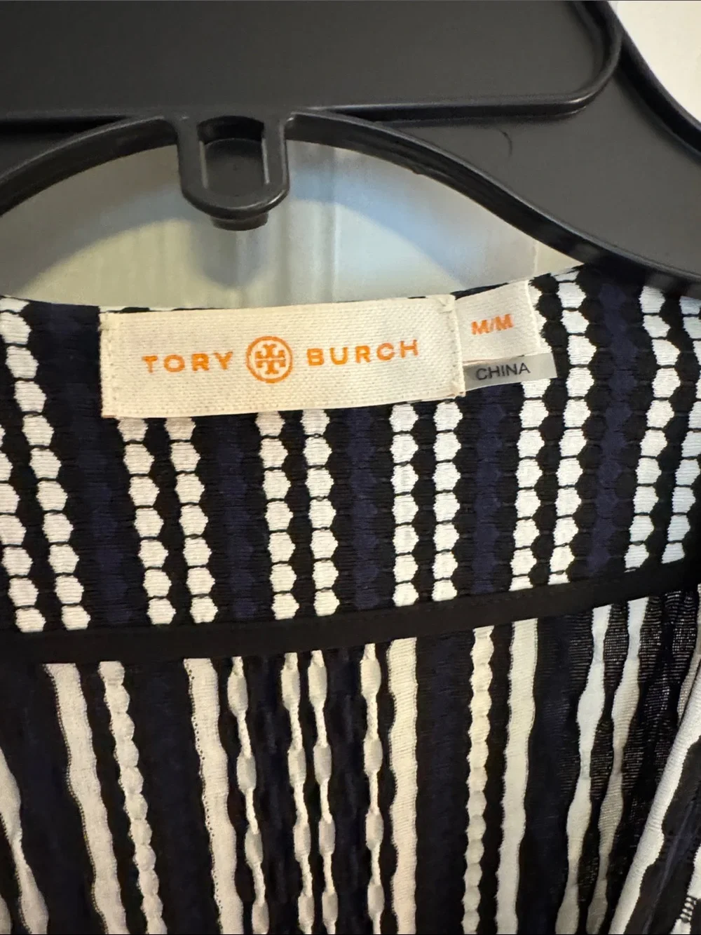 Tory Burch Black, Blue and White Striped Wrap Dress with Self Tie
